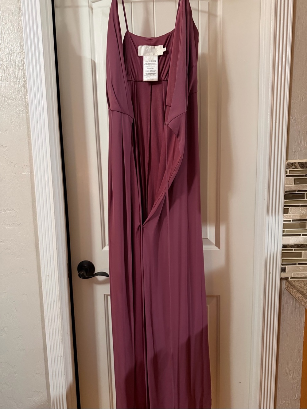 David's Bridal Dusty Plum Sleeveless Maxi Dress with Draped Overlay